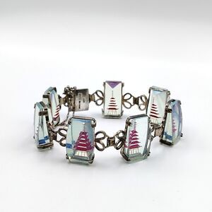 Vintage 950 Sterling Silver AB Glass Intaglio Etched Red Pagoda Bracelet 7.5"